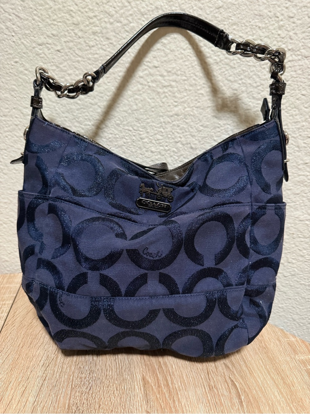 Coach 14188 Navy Blue Glitter Signature C Canvas Leather Shoulder Bag